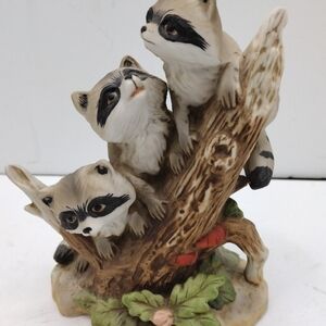 Homco Raccoon Trio Figurine in Brown and Cream